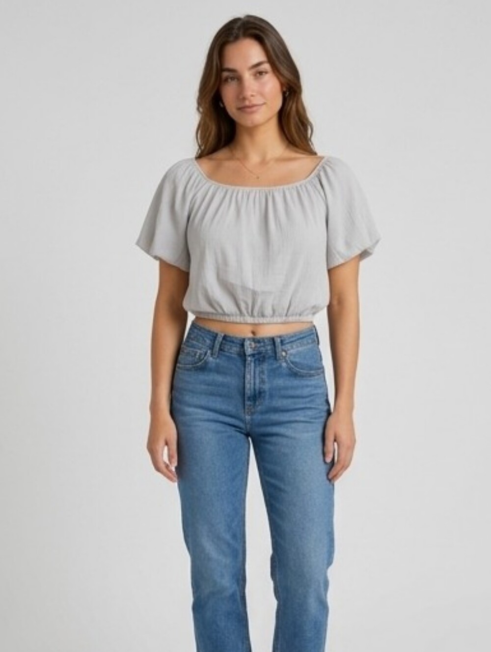 Light Gray Women's Peasant Crop Top